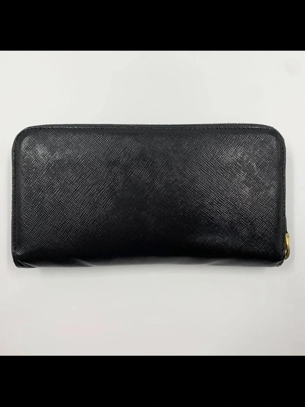 Prada Black Saffiano Zip Wallet with Gold Logo